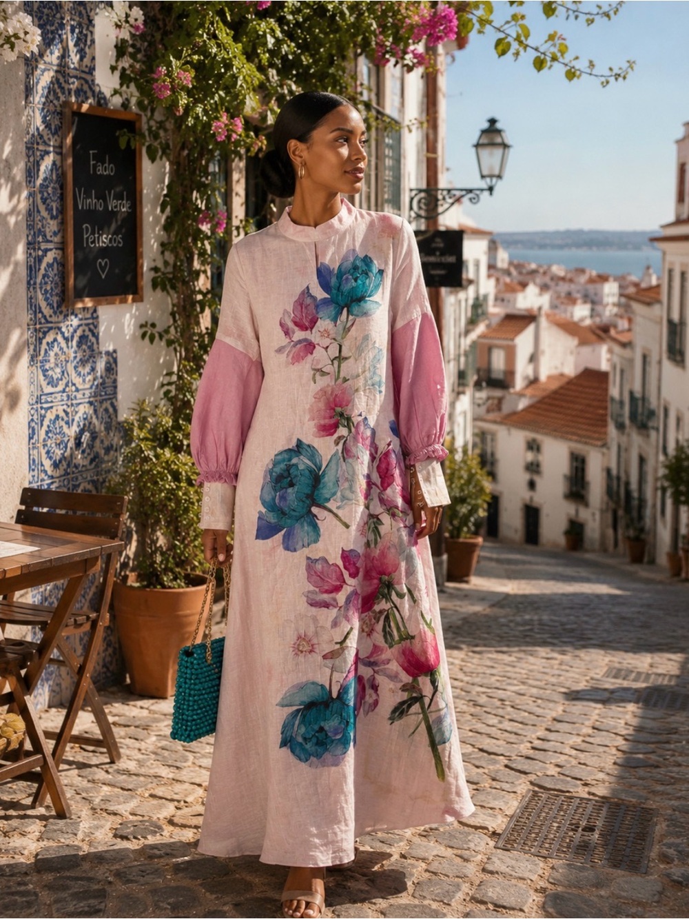 NWT ODETTE Floral  Midi Maxi Dress with Pink Sleeves